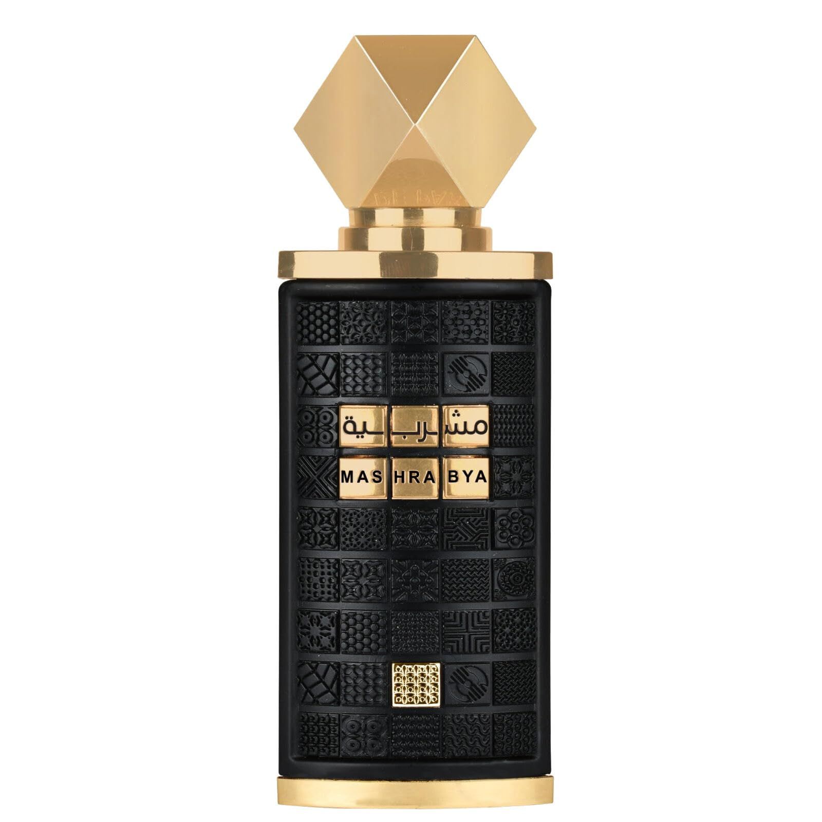 Schwarzer Flakon mit goldfarbenem Verschluss. Aufschrift in Gold: Mashrabya. Schwarzes, strukturiertes Design.