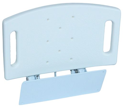 Duschsitz mit Bodenstützen, Ansicht von unten. Weiße Sitzfläche mit Löchern, Halterung, Metallgelenke, Wandbefestigung.