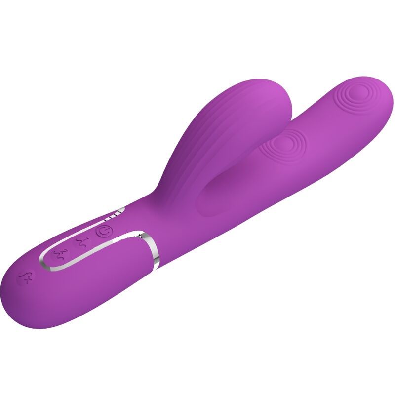 Lila Kaninchen-Vibrator, schräg von vorne mit Rillen und zwei Stimulatoren.
