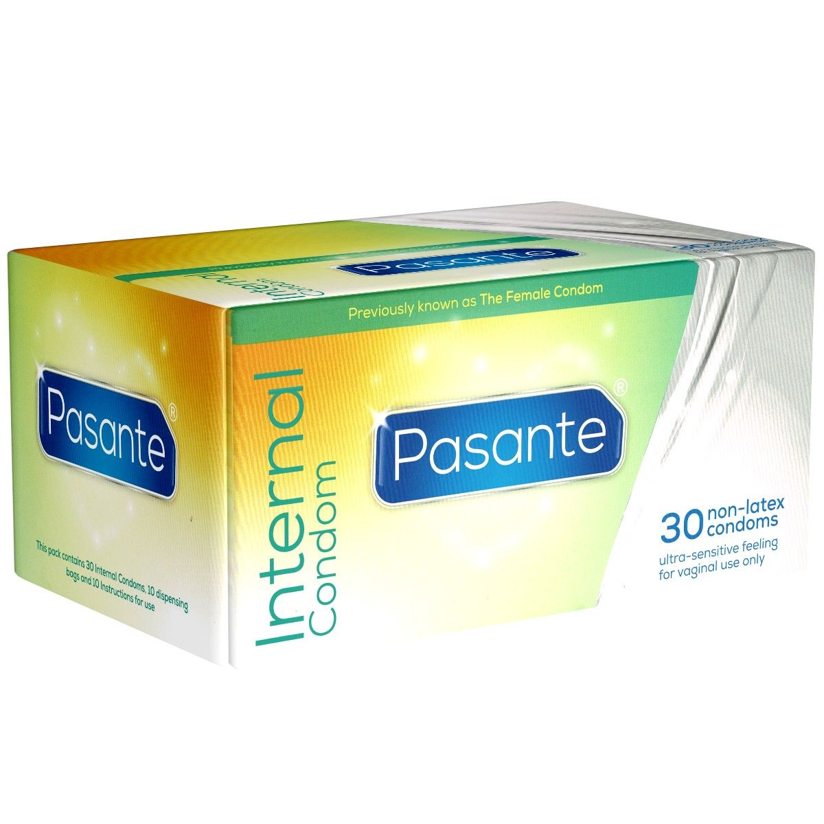 Verpackung von Pasante Internal Condom. Enthält 30 Kondome. Nicht aus Latex. Für vaginale Anwendung.