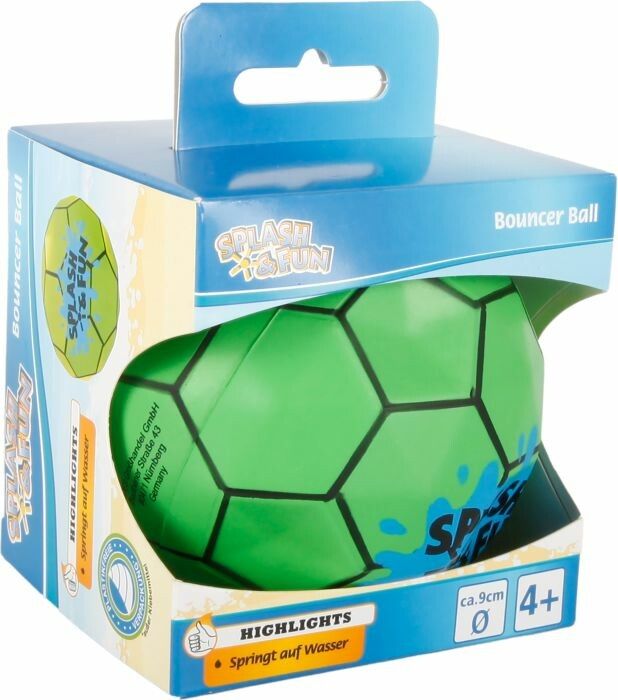 Grüner Bouncer Ball in Verpackung. Aufdruck: Splash & Fun. Größe ca. 9cm. Altersempfehlung 4+. Verpackung mit Aufhänger.