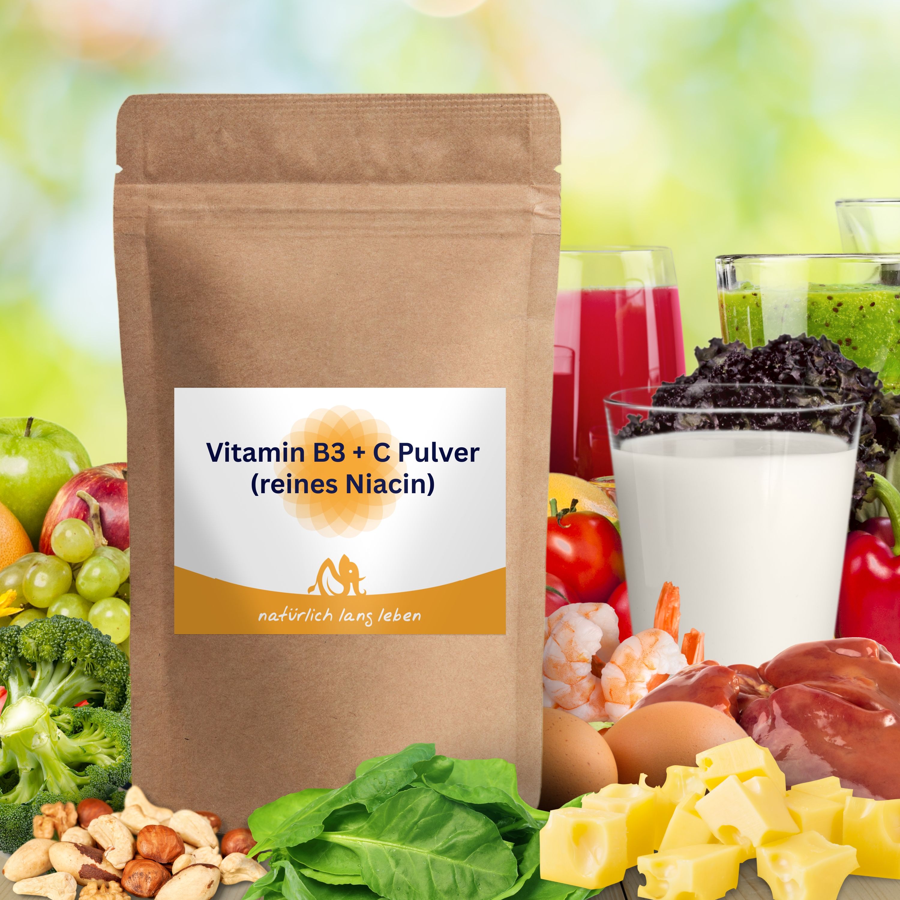 Vitamin B3 + C Pulver in Papierbeutel. Umgeben von Lebensmitteln wie Obst, Gemüse, Milch und Eiern.