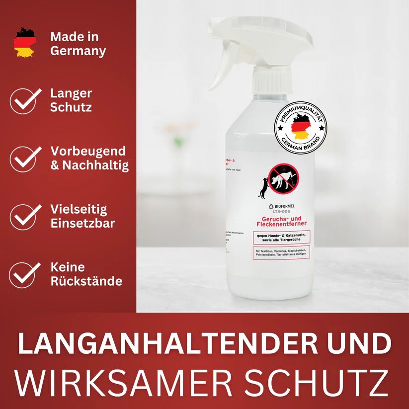 Weiße Sprühflasche mit Produktetikett. Text: Geruchs- und Fleckenentferner. Made in Germany. Symbole: Haken, Pfeil, keine Rückstände.