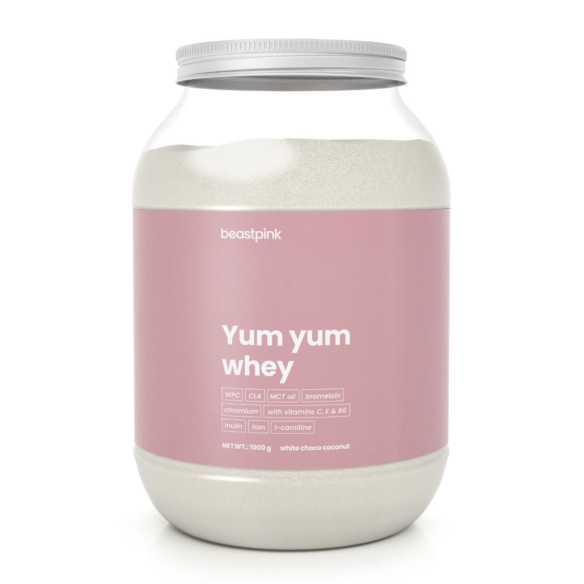 Großer Behälter mit Yum Yum Whey Molkenproteinkonzentrat Pulver in Weiß. Rosa Etikett mit Produktinformationen.