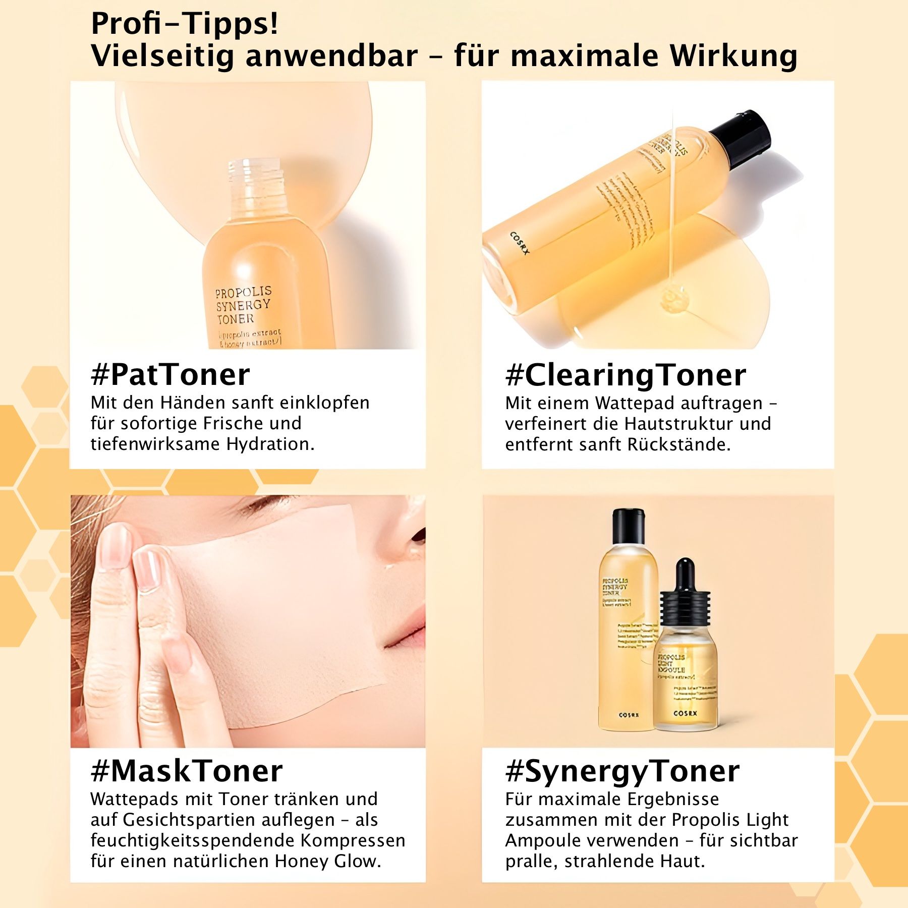 Vier Bilder zeigen Anwendungsmöglichkeiten des Produkts: PatToner, ClearingToner, MaskToner, SynergyToner. Produktflaschen.