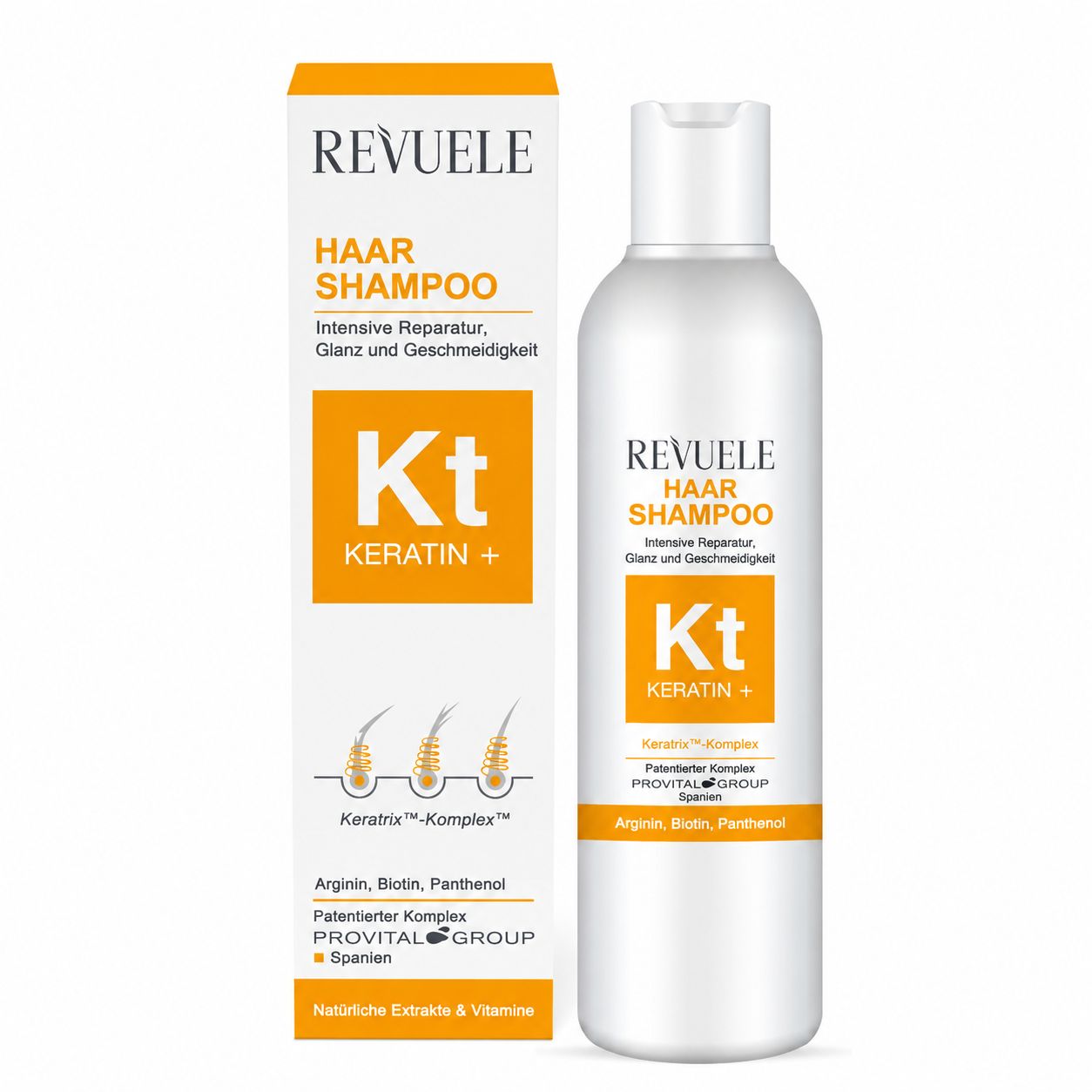 Eine weiße Flasche Revuele Haar Shampoo mit orangefarbenem Etikett steht neben einer geöffneten orange-weißen Pappverpackung.