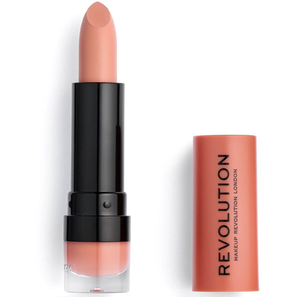 Offener Lippenstift mit rosa Lippenstiftstift und rosa Kappe. Schwarzer Schaft. Aufschrift: REVOLUTION LONDON.