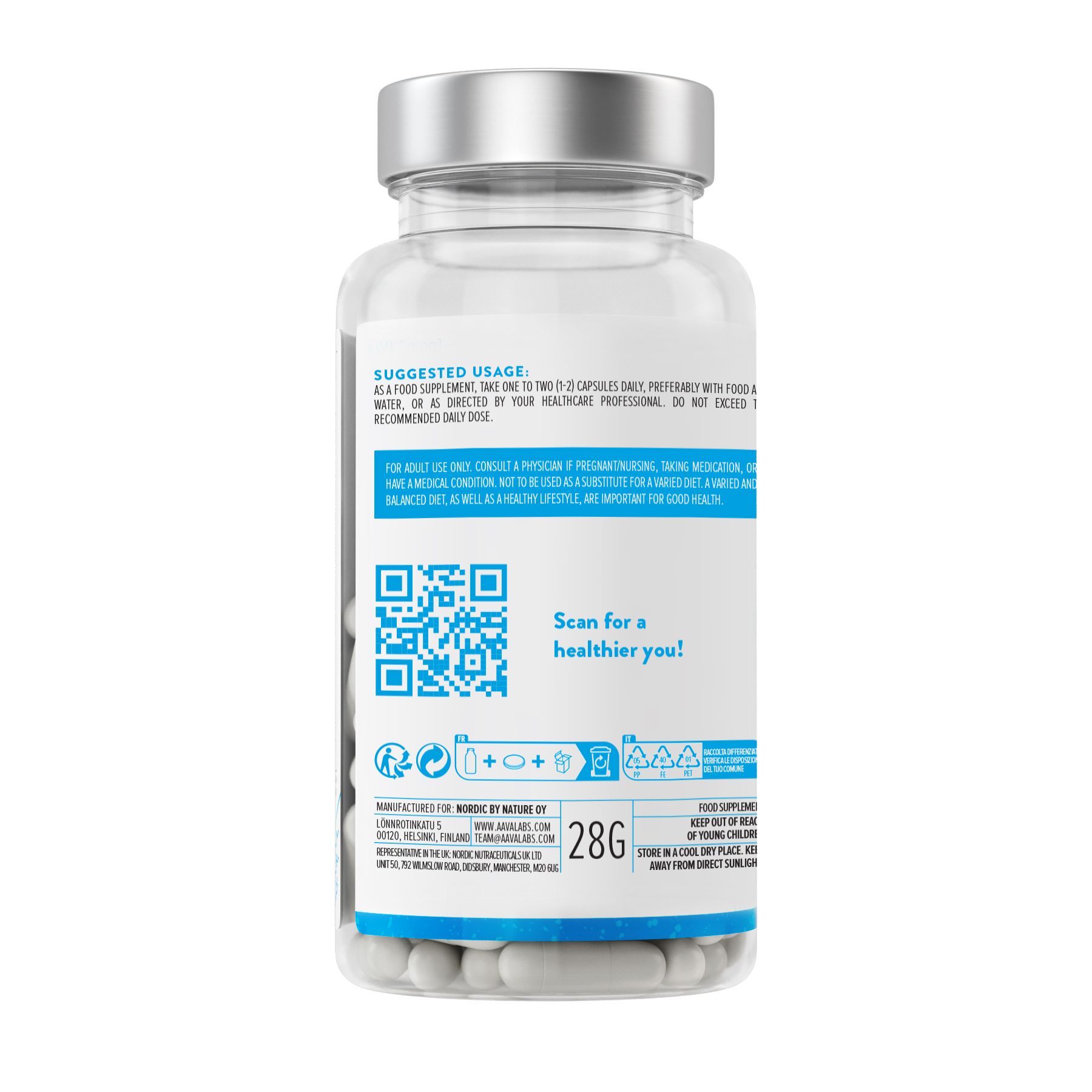 Rückseite der Flasche mit Anwendungshinweisen und QR-Code. 28g. Scan für ein gesünderes Ich!