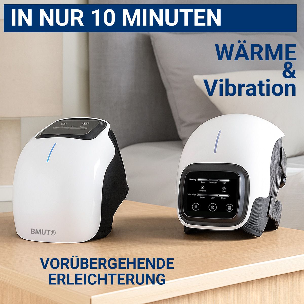 Zwei Knie-Massagegeräte auf einem Tisch. Text: In nur 10 Minuten, Wärme & Vibration, vorübergehende Erleichterung. BMUT-Logo.