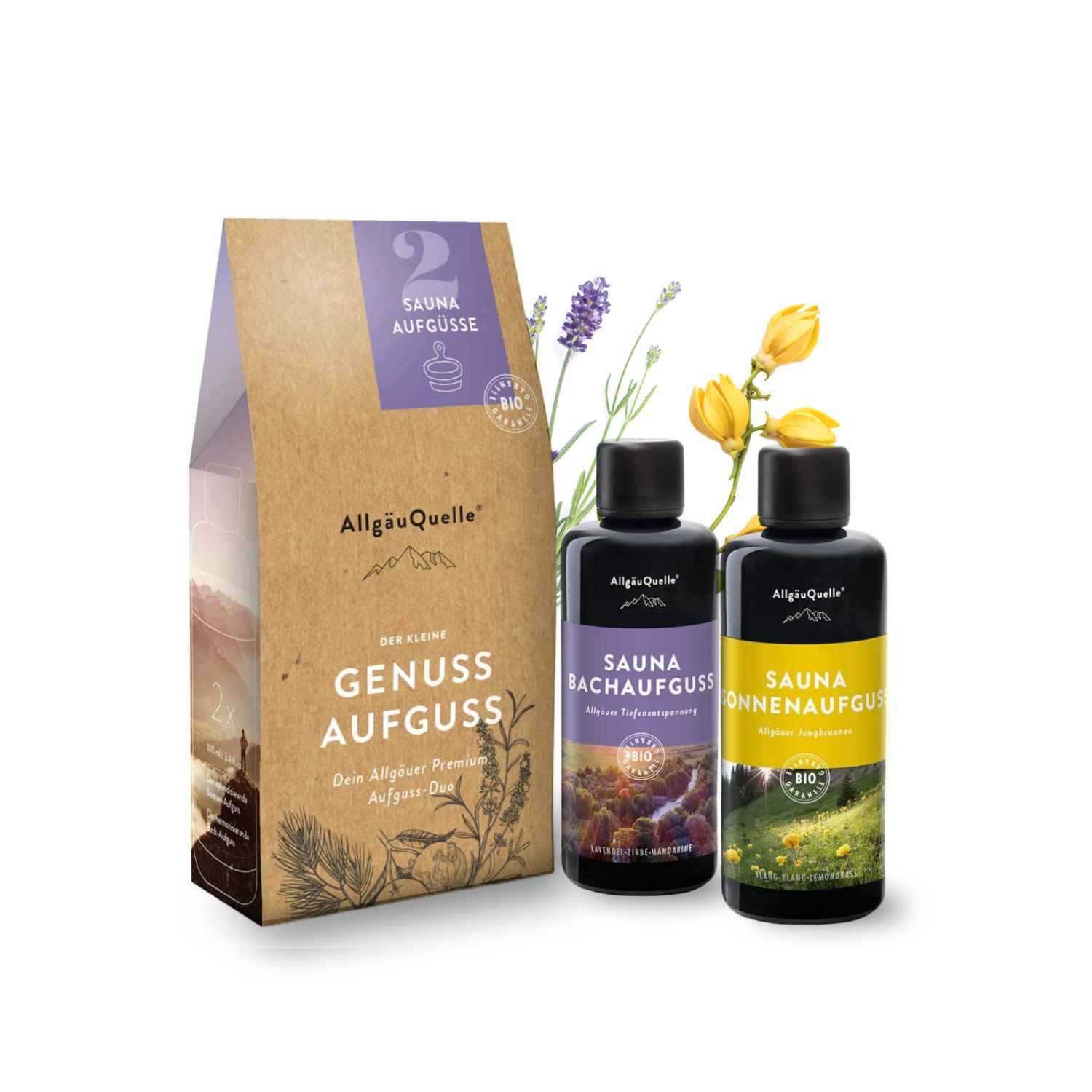 Allgäuquelle Bio Saunaaufguss Aufgussmittel Saunazubehör 2er Set, Duft: Lavendel, Zeder, Lavendel