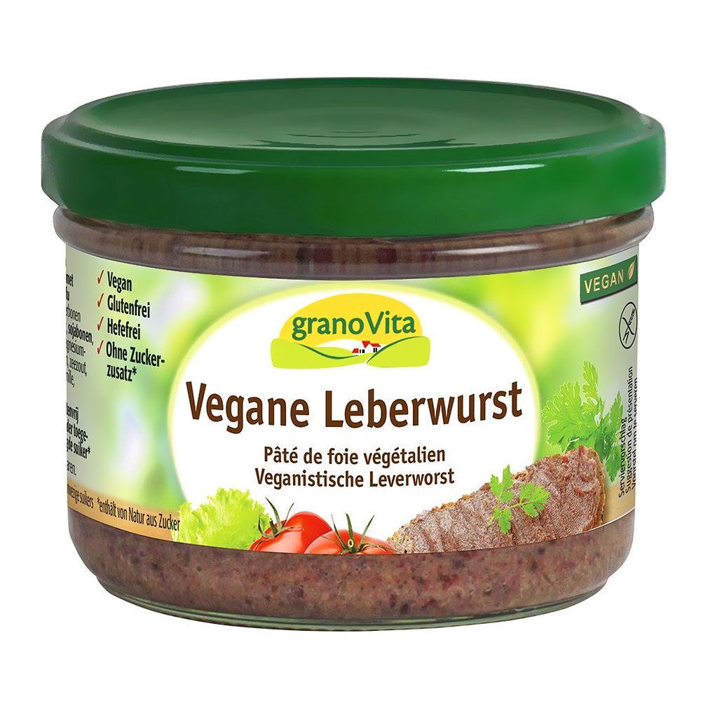 Glas mit veganer Leberwurst von granoVita. Aufschrift: Vegane Leberwurst, glutenfrei, ohne Zuckerzusatz. Grüner Deckel, veganes Siegel.