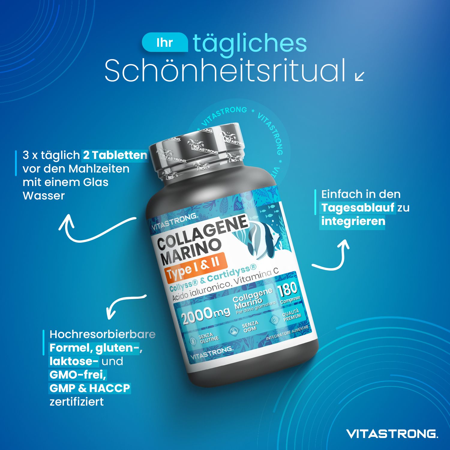 Tablettenflasche. Marine Collagen Typ I & II. 180 Tabletten. Blaue Verpackung. Einnahme.