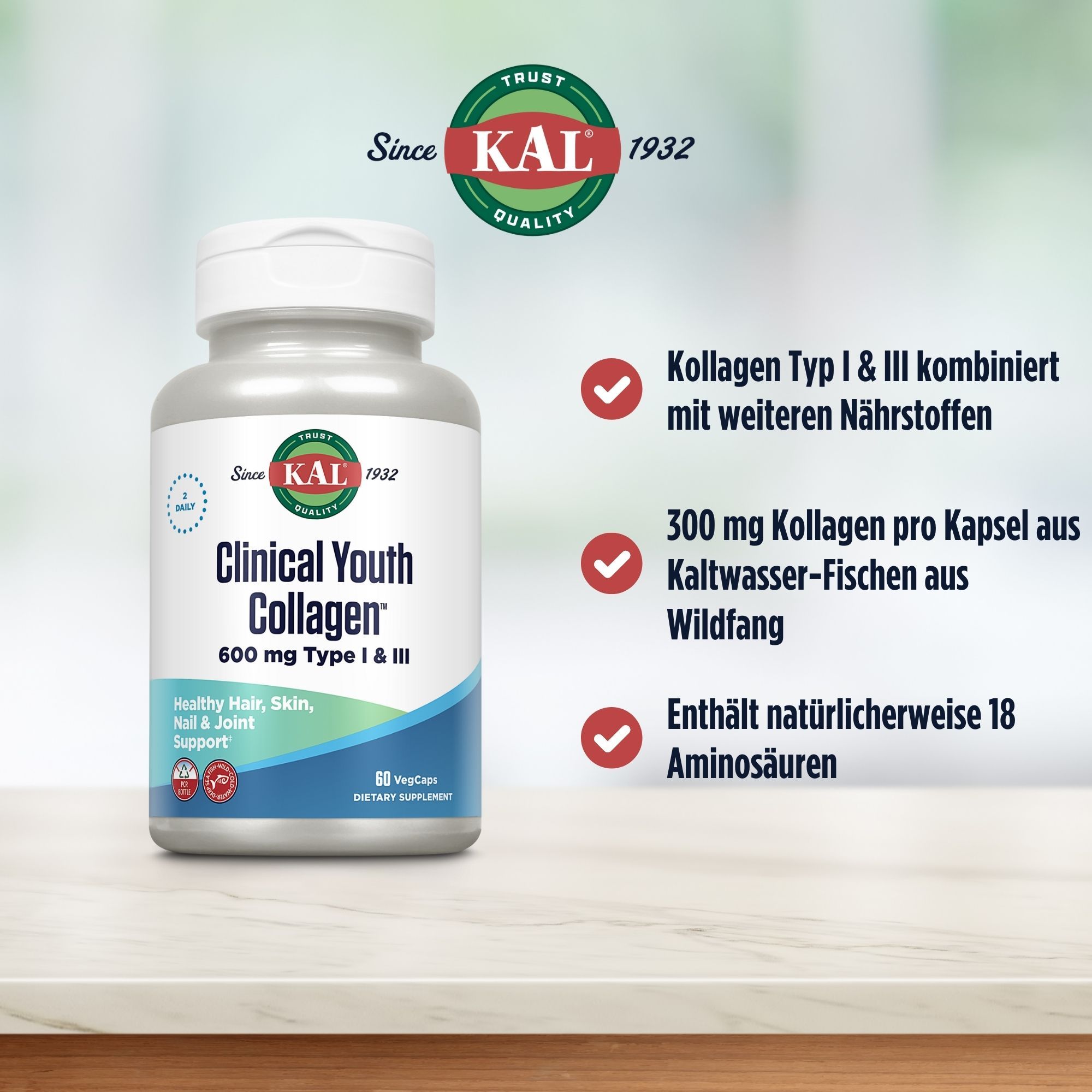 Eine Flasche KAL Clinical Youth Collagen. Auf der Flasche steht "600 mg Type I & III". Aufschrift: "Healthy Hair, Skin, Nail & Joint Support".