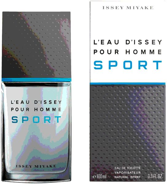 Flakon und Verpackung. Aufschrift: L'Eau d'Issey Pour Homme Sport. Grauer Deckel, blaue Akzente. Issey Miyake.