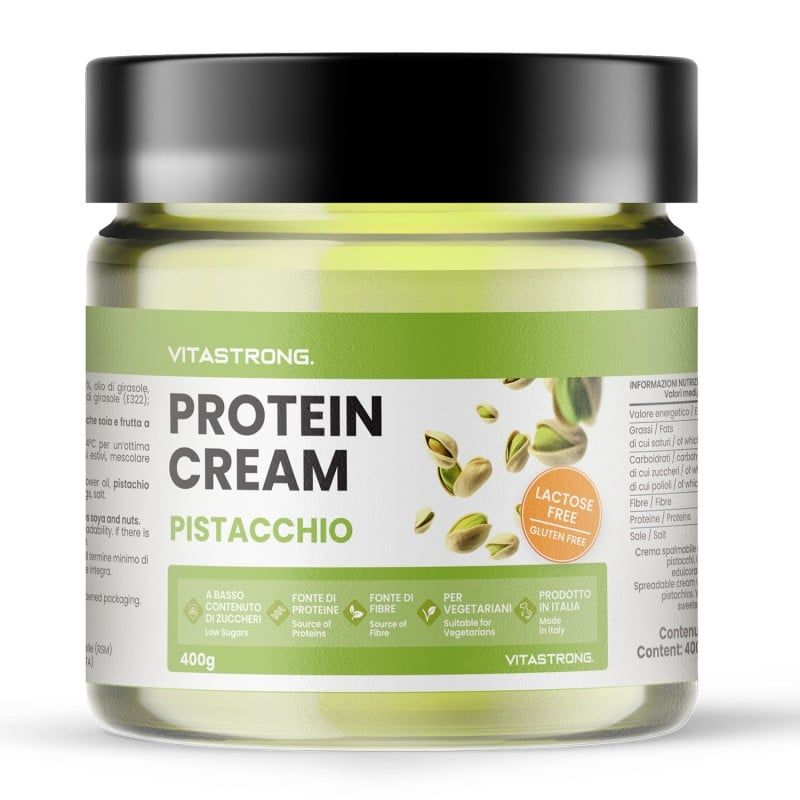 Glas mit Pistazien-Proteincreme. Schwarzer Deckel. Aufschrift: Vitastrong, Protein Cream Pistacchio, 400g. Laktosefrei, glutenfrei.