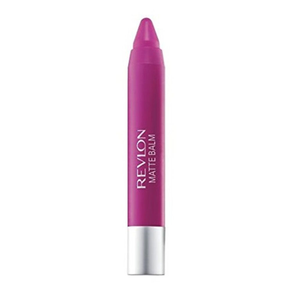 Revlon Matte Balm Lippenstift. Zylindrisch, pink. Silberne Basis. Text: Revlon, Matte Balm.