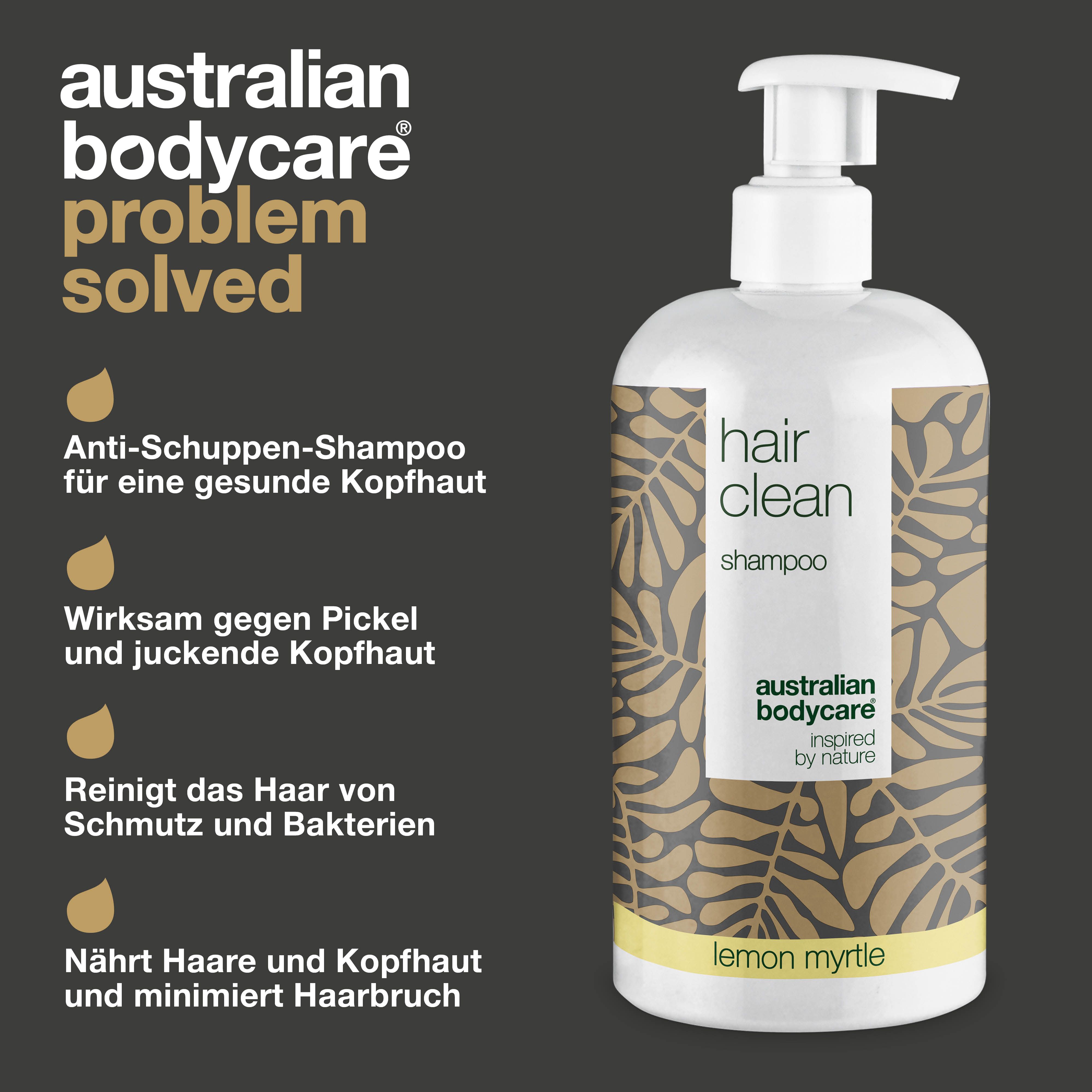 Shampoo-Flasche. Aufschrift: Hair Clean Shampoo. Marke: Australian Bodycare. Text: Problem gelöst. Vorteile des Shampoos.