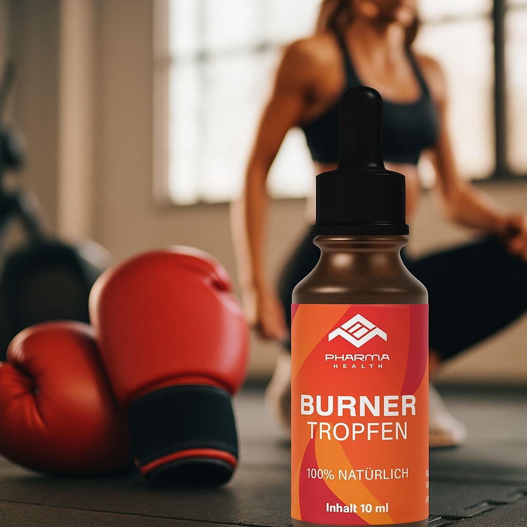 Braune Glasflasche mit schwarzem Verschluss und Pipette. Rotes Etikett. Boxhandschuhe und eine Person im Hintergrund, die Sport treibt.