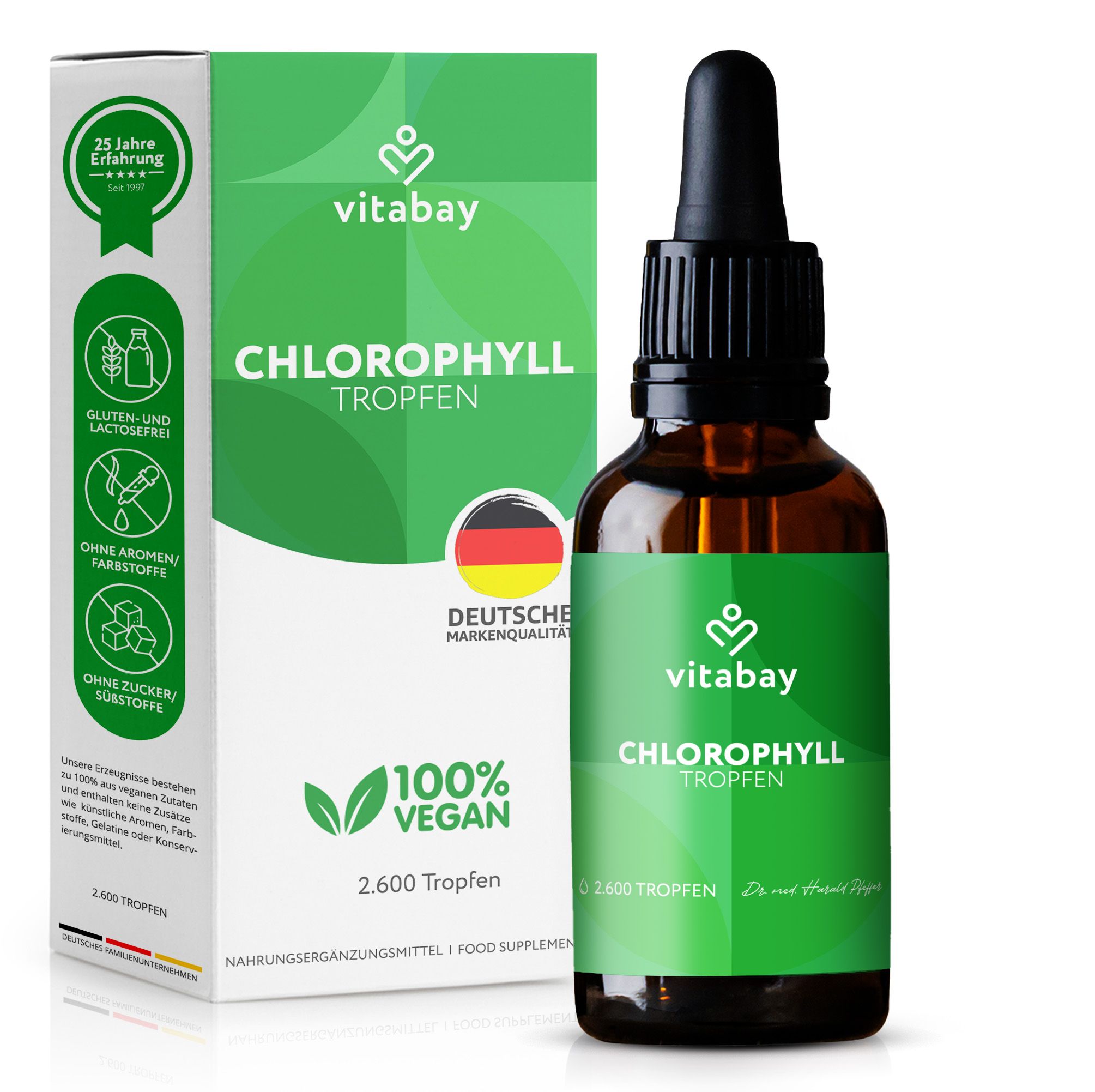 Braune Glasflasche mit Tropfer und grüner Verpackung. Aufschrift: Chlorophyll Tropfen, Vitabay. Verpackung mit Logos und Text.