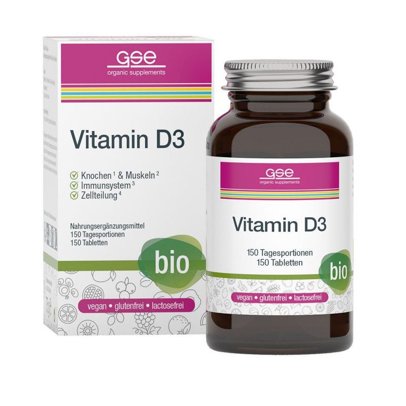 Vitamin D3-Nahrungsergänzungsmittel. Braunglasflasche und Karton mit Aufschrift "Vitamin D3", "bio", "vegan", "glutenfrei", "lactosefrei".