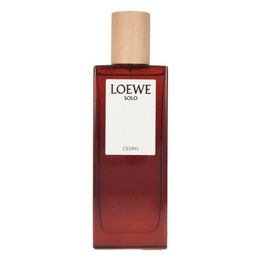 Braune rechteckige Flasche mit Holzverschluss. Auf dem Etikett steht "LOEWE SOLO CEDRO".