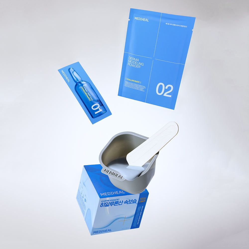 Verschiedene Produktkomponenten: Schüssel, Beutel, Ampulle. MEDIHEAL-Logo sichtbar.