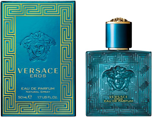 Türkisgrüner Flakon und Verpackung. Aufschrift: Versace Eros Eau de Parfum Natural Spray 50ml 1.7 US FL.OZ.