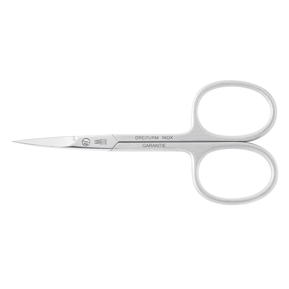 Hautschere inox spitz. Silberfarbenes Metall. Ovale Grifföffnungen. Aufschrift: DREITURM INOX GARANTIE.