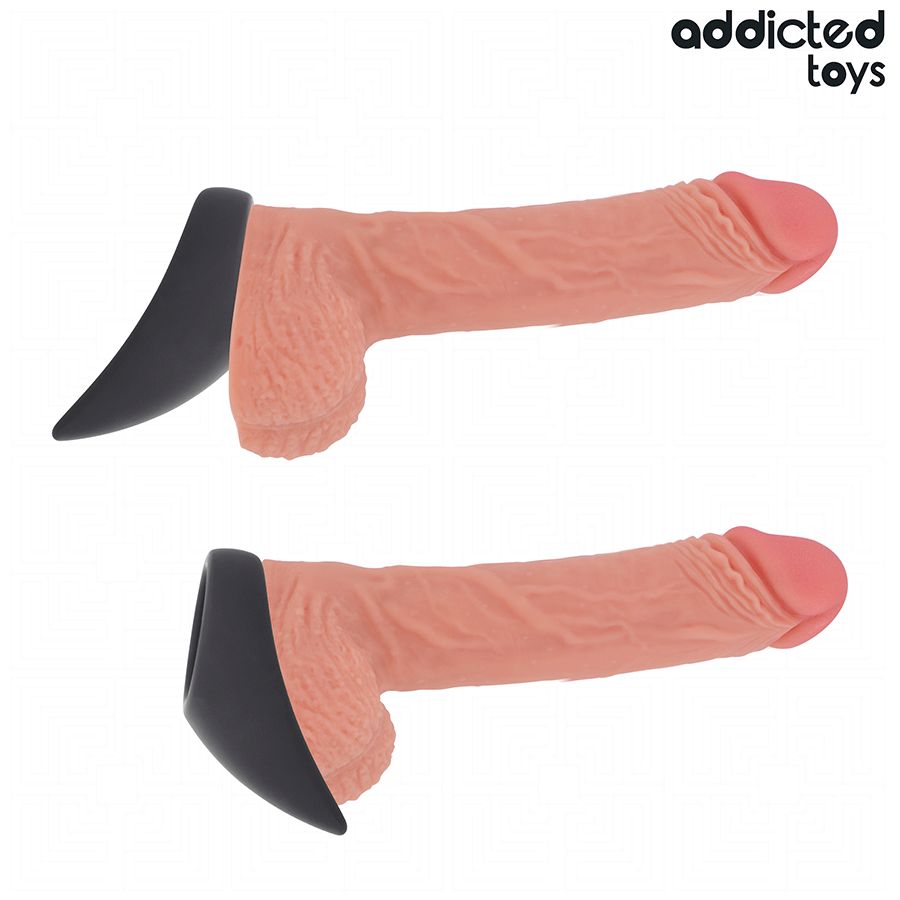 Zwei realistische Penis-Modelle mit schwarzem Penisring. Rosa Kopf, beige Schaft.