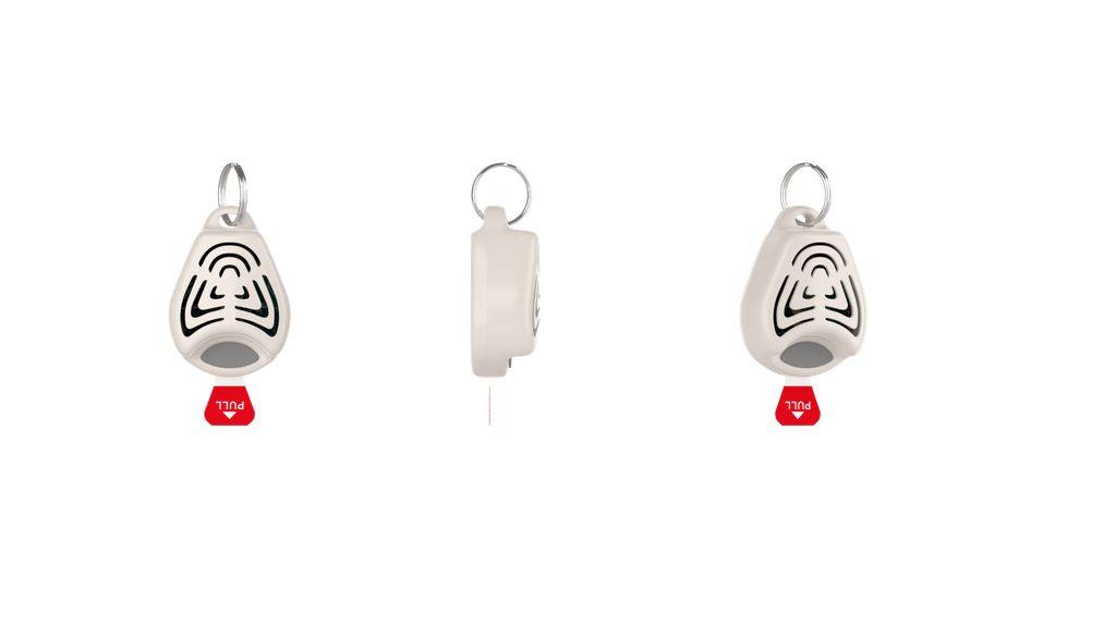 Beige TICKLESS Kinder Zeckenschutz-Repellent aus drei Blickwinkeln. Mit Schlüsselring und rotem "Pull"-Tab.