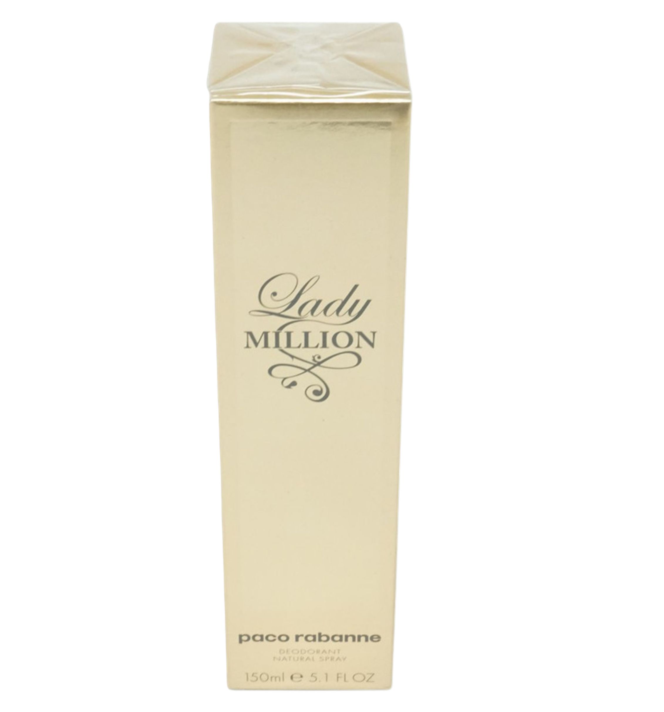 Goldfarbene Deodorant-Spray-Dose und Verpackung. Aufschrift: Lady Million, Paco Rabanne. 150ml.