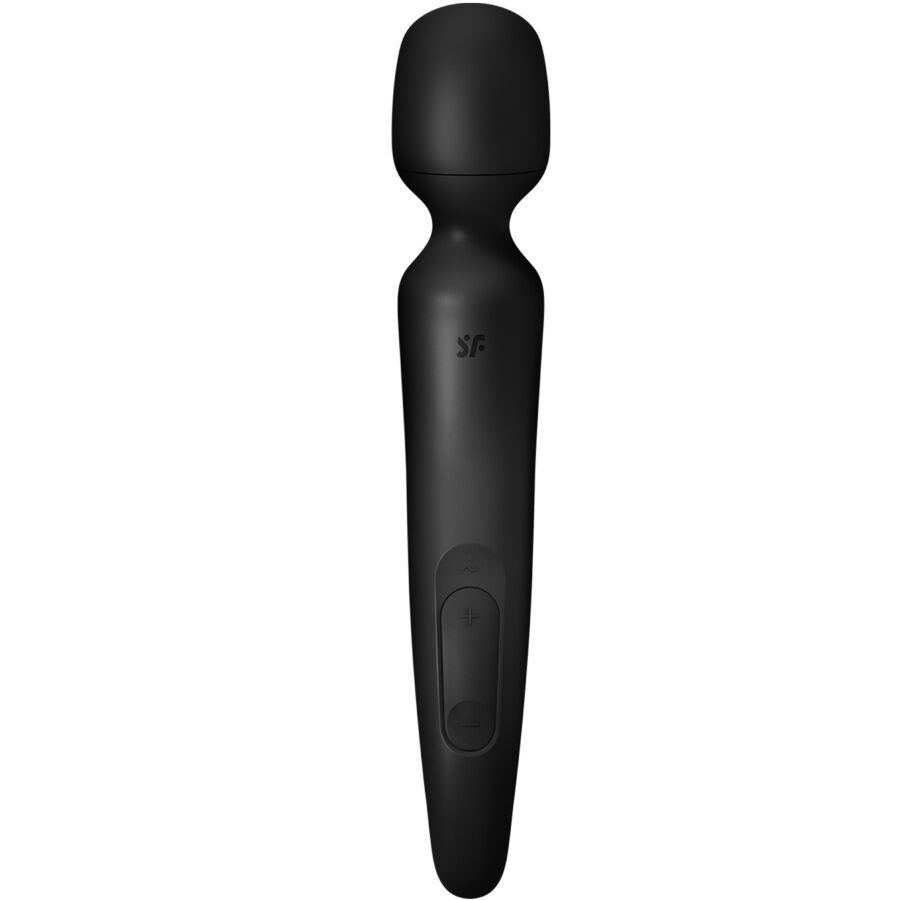 Schwarzer Stab-Massager mit ergonomischem Griff und Bedienelementen.
