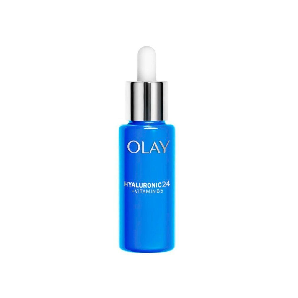 Blaue Flasche mit weißem Tropfer. Olay Hyaluronic24 + Vitamin B5 Serum. Silberner Verschluss. Aufschrift: Olay, Hyaluronic24 + Vitamin B5.