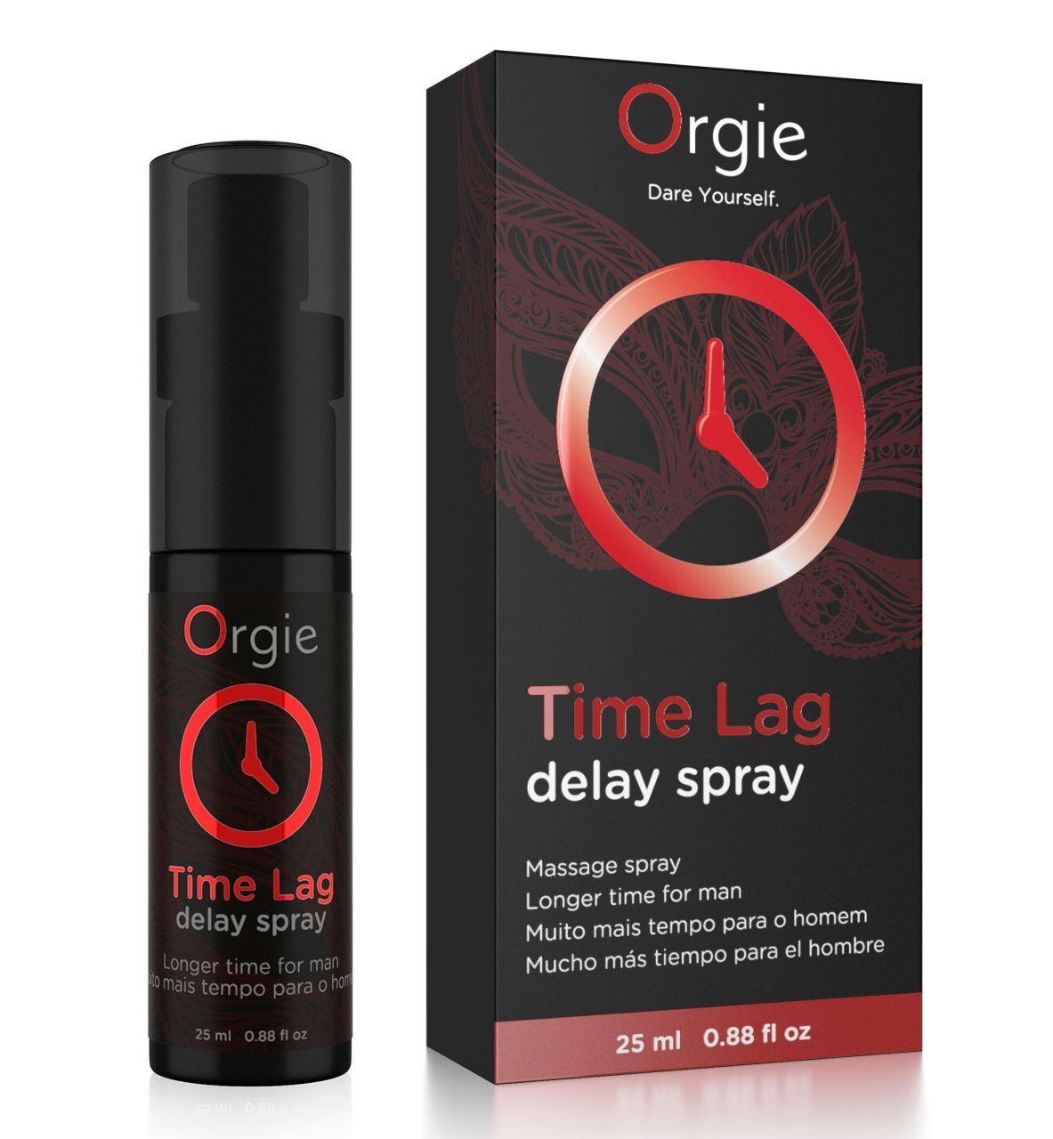 Schwarze Sprühflasche und Verpackung mit rotem Logo und Text. Produktname: Time Lag delay spray. Marke: Orgie. 25 ml.