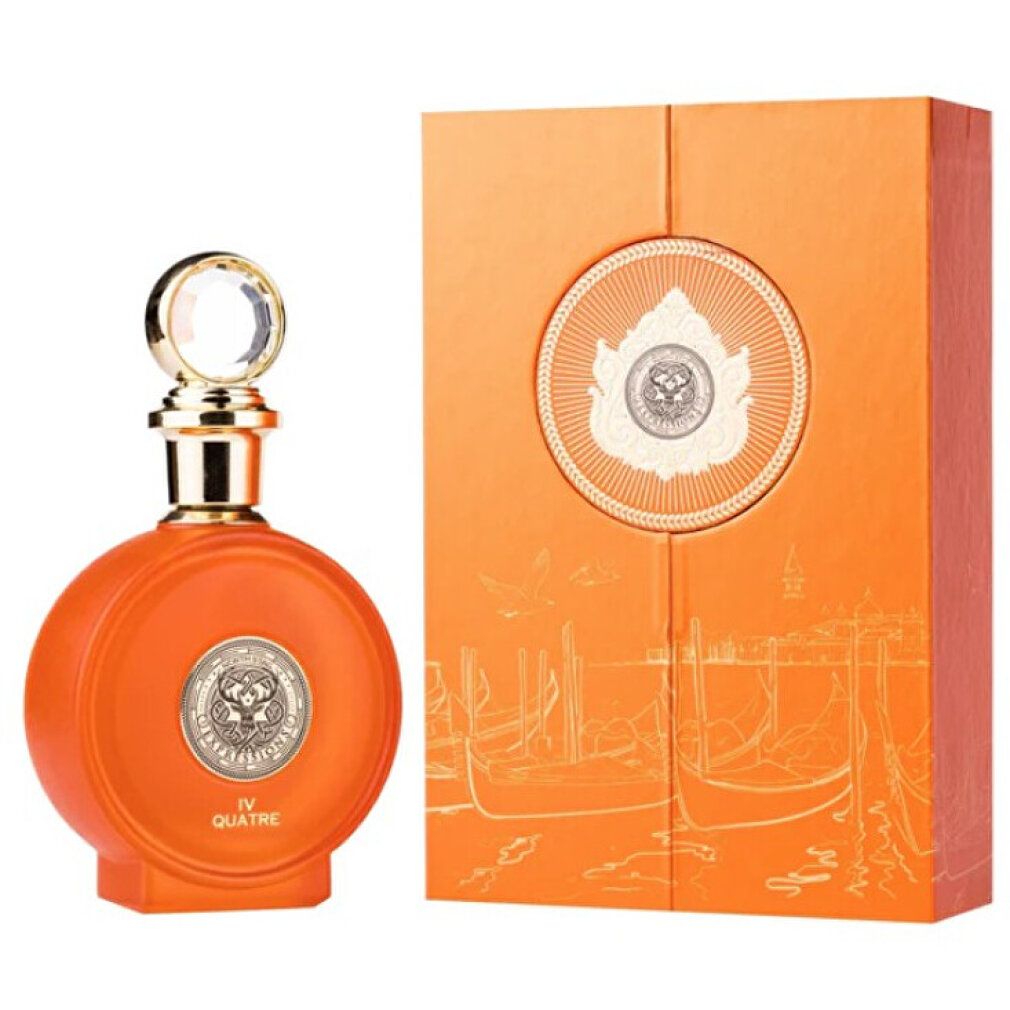 Orangefarbener runder Parfümflakon mit Geschenkbox, Ansicht von vorne.