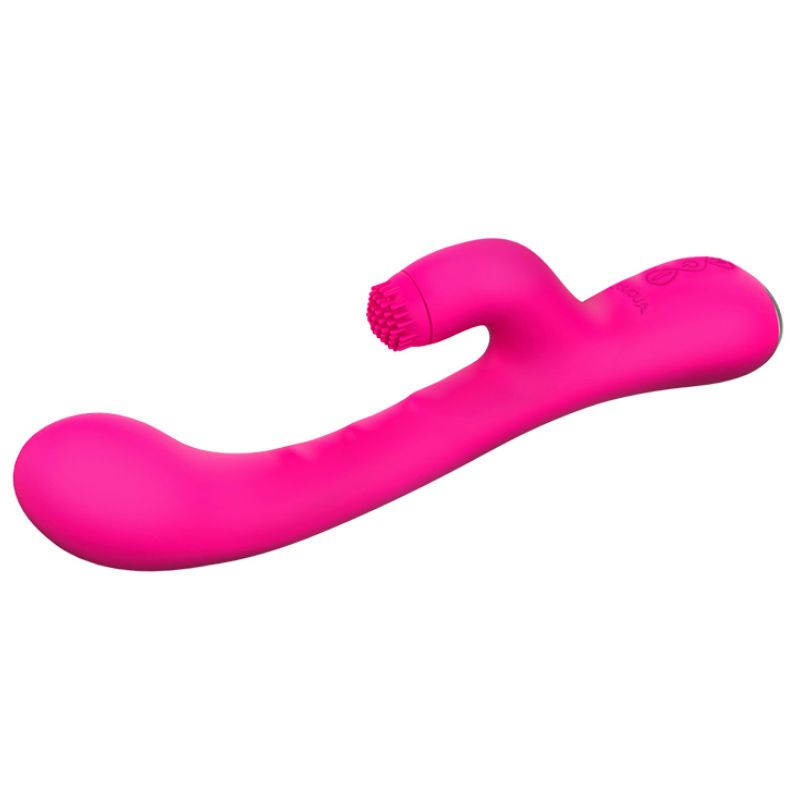 Pinkfarbener Vibrator mit Heizfunktion. Gebogene Form mit geriffelter Spitze. Marke: Vicone.