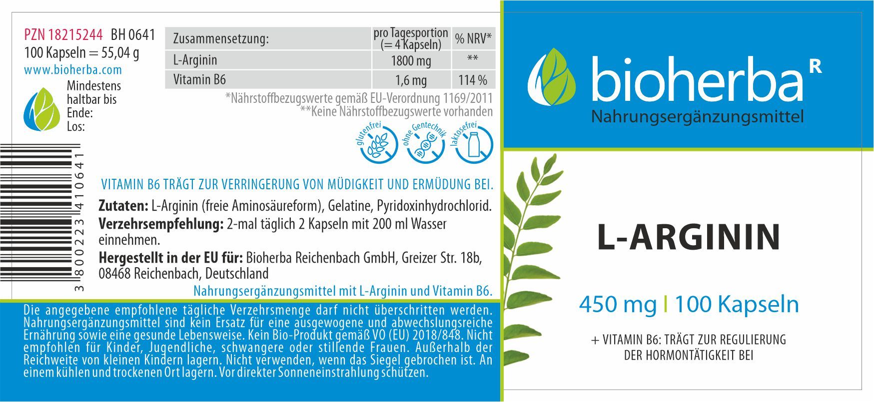 Etikett mit "bioherba" und "L-Arginin". Enthält Informationen zu Inhaltsstoffen und Nährwerten. Text in Deutsch.