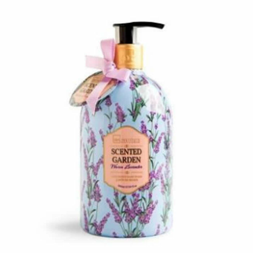 Flasche mit Lavendelmotiv und Pumpspender für Handwaschmittel.