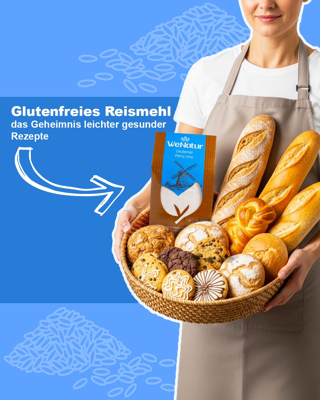 WeNatur glutenfreies Reismehl in einer Packung, umgeben von Backwaren.