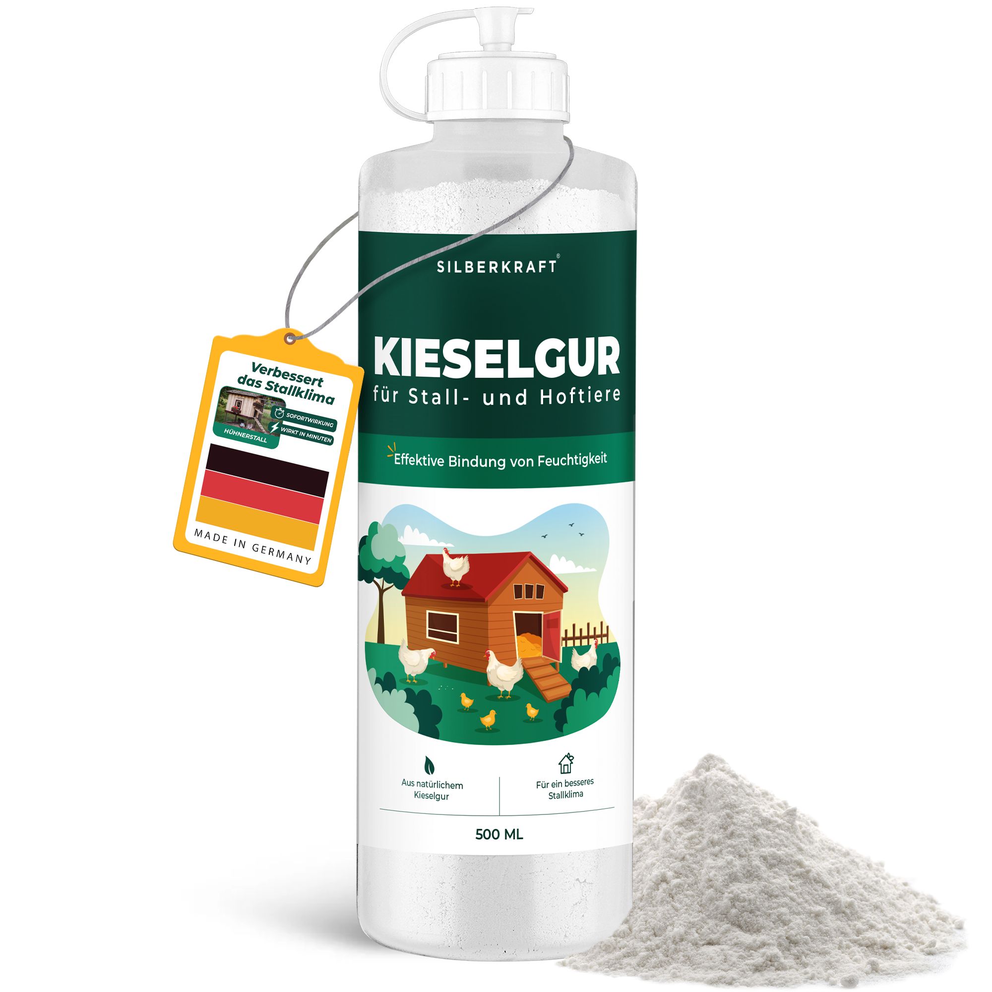 Transparente Flasche SILBERKRAFT Kieselgur, Etikett mit Illustrationen und Text. Anhänger mit Flagge und Text. Pulver daneben.