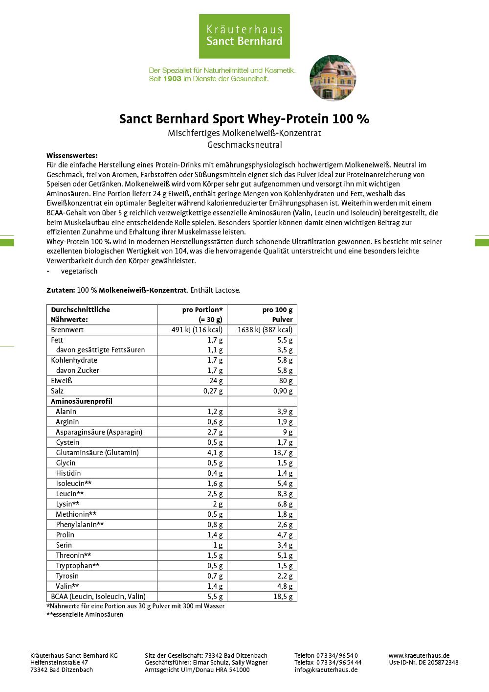 Produktinformationen: Sanct Bernhard Sport Whey-Protein 100%. Nährwerttabelle, Inhaltsstoffe, Hersteller.