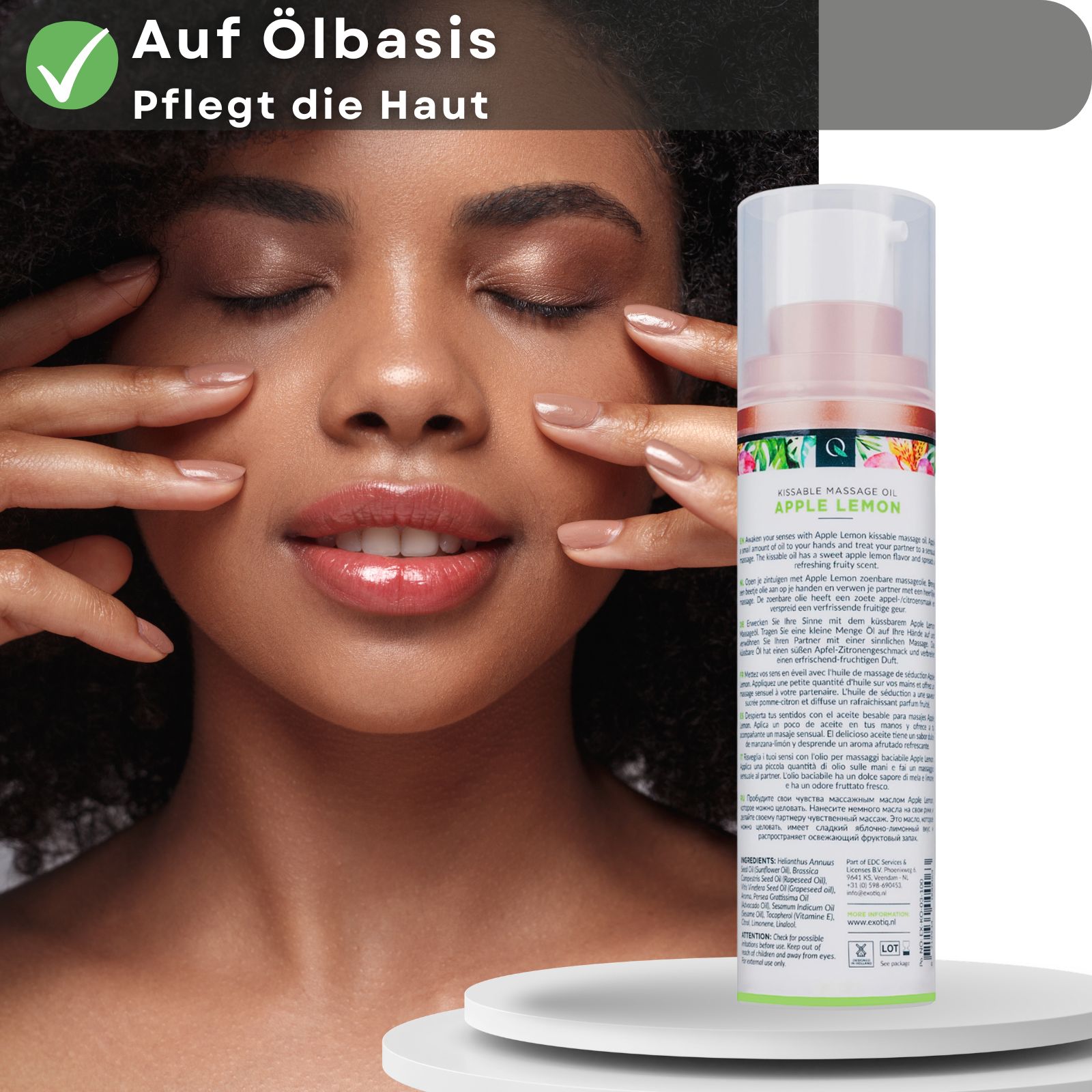 Frau mit geschlossenen Augen, Hände im Gesicht. Daneben Massageöl-Flasche. Text: Auf Ölbasis, Pflegt die Haut.