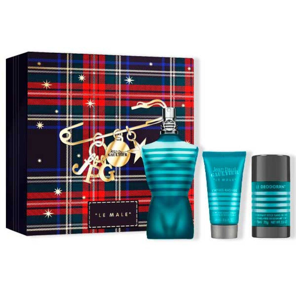 Geschenkset mit Flakon, Tube und Deostift. Flakon in Torsoform, blau. Verpackung mit Tartanmuster und Schmuck.
