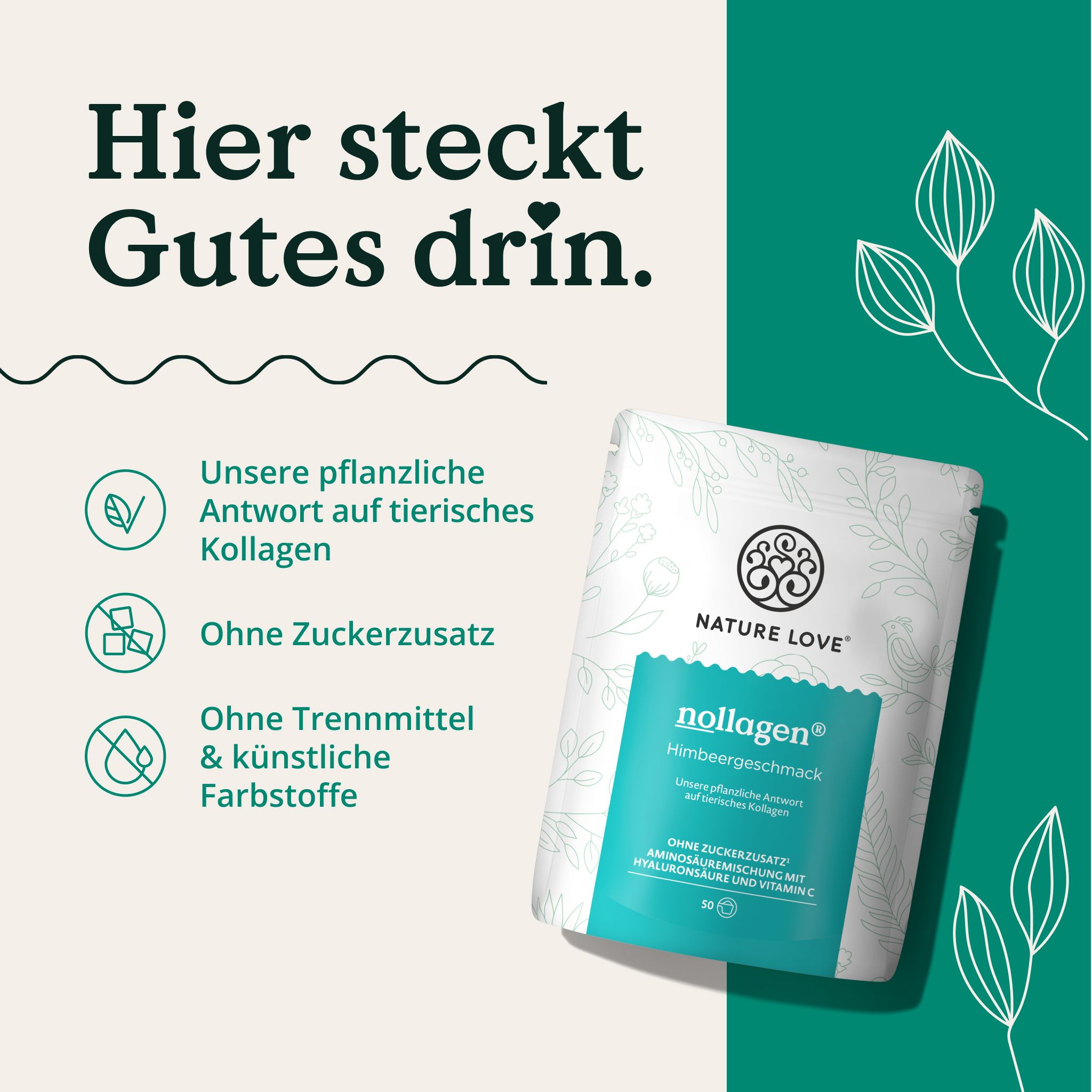 Produktverpackung NATURE LOVE® nollagen® Himbeergeschmack. Text: Ohne Zuckerzusatz, ohne Trennmittel & künstliche Farbstoffe. Hintergrund grün.