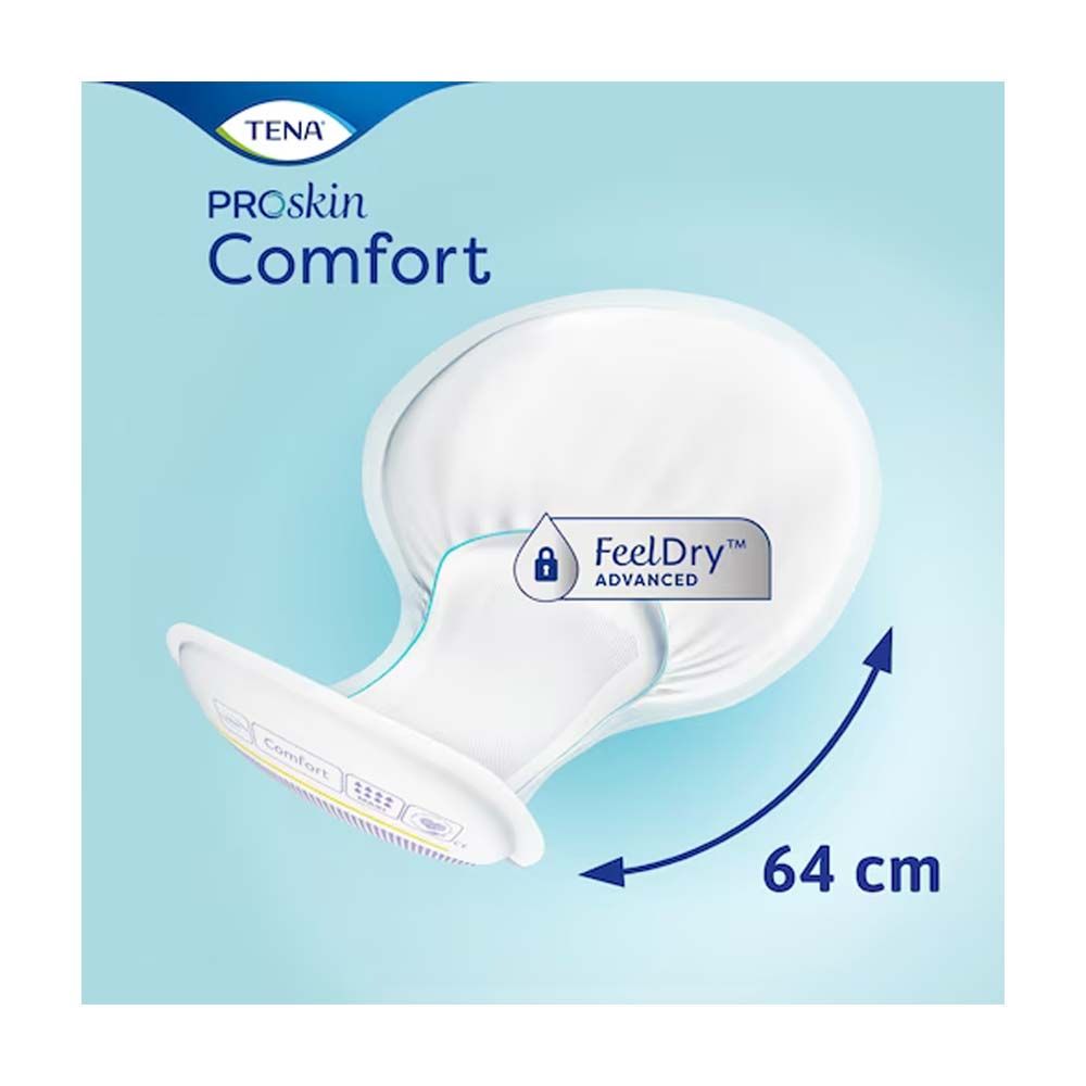 Weißer Inkontinenzeinlage. Anatomische Form. Mit FeelDry-Logo. Blaue und gelbe Akzente. Längenangabe: 64 cm.