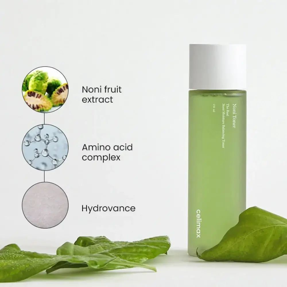 Produktflasche neben Abbildungen von Noni-Extrakt, Aminosäurekomplex und Hydrovance. Grüne Blätter.