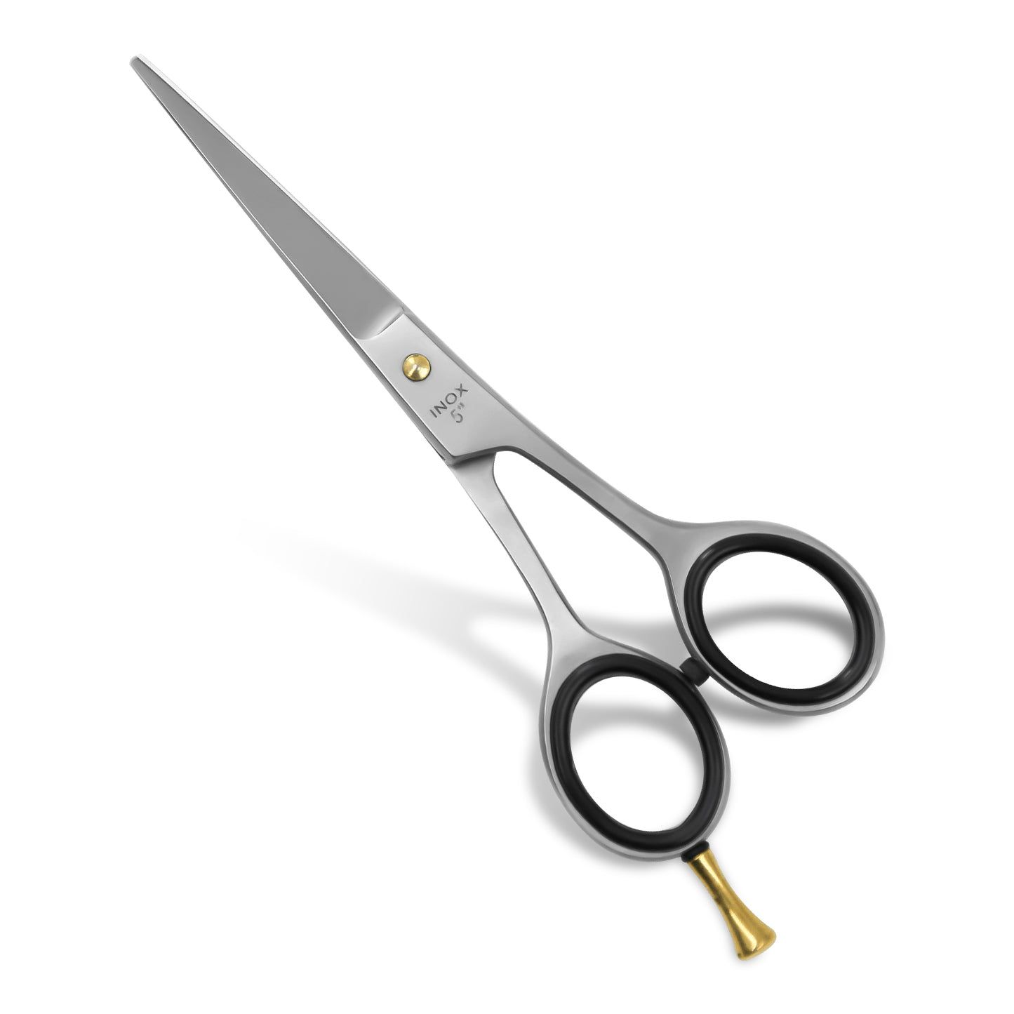 Friseurschere aus Metall mit schwarzen Griffringen und goldfarbener Schraube. Beschriftung: INOX 6". Auf weißem Hintergrund.