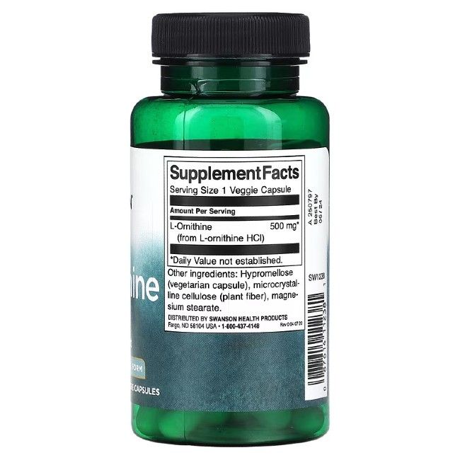 Grüne Flasche mit schwarzem Deckel. Rückseite mit Nährwertangaben. Enthält L-Ornithin 500 mg. 1 Veggie-Kapsel pro Portion.