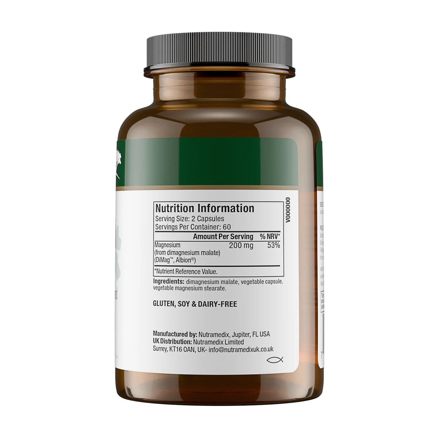 Nährwertinformationen für NutraMedix Magnesium Malate: 200 mg Magnesium pro Portion. Gluten-, Soja- und Laktosefrei.