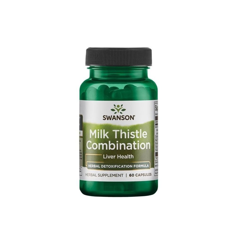 Grüne Flasche mit schwarzen Deckel. Aufschrift: Milk Thistle Combination, Herbal Supplement, 60 Capsules.